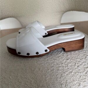 Larroude White and Brown Mules